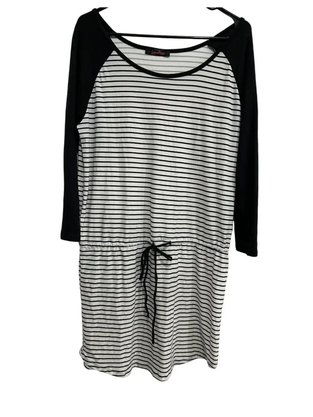 Lorena Rose Black White Striped Long Sleeve Dress Drawstring Waist